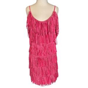 Impressions Barbie Pink Fringe Mini Dress 2X Plus Silver Studs Festival Party